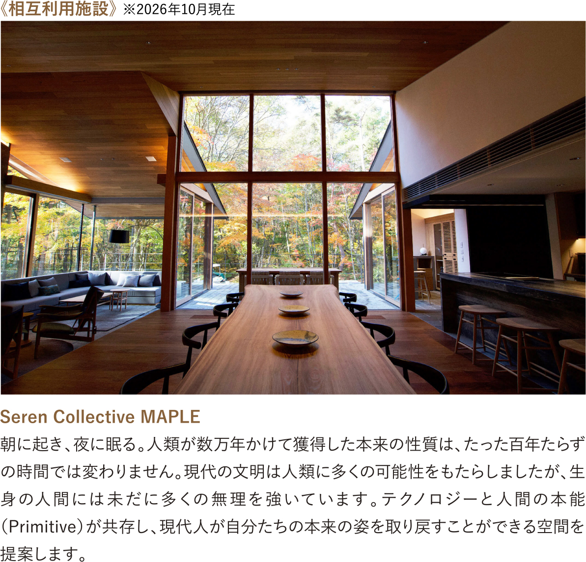 《相互利用施設》 ※2026年10月現在｜Seren Collective MAPLE
        朝に起き、夜に眠る。人類が数万年かけて獲得した本来の性質は、たった百年たらずの時間では変わりません。現代の文明は人類に多くの可能性をもたらしましたが、生身の人間には未だに多くの無理を強いています。テクノロジーと人間の本能（Primitive）が共存し、現代人が自分たちの本来の姿を取り戻すことができる空間を提案します。