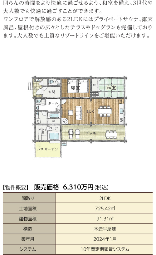 �c���̎��Ԃ������K�ɉ߂�����悤�A�a��������A3������l���ł����K�ɉ߂������Ƃ��ł��܂��B
		�����t���A�ŉ�����̂���2LDK�ɂ̓v���C�x�[�g�T�E�i�A�I�V���C�A�����t���̍L�X�Ƃ����e���X��h�b�O�������������Ă���܂��B��l���ł��㎿�ȃ��]�[�g���C�t�������\���������܂��B