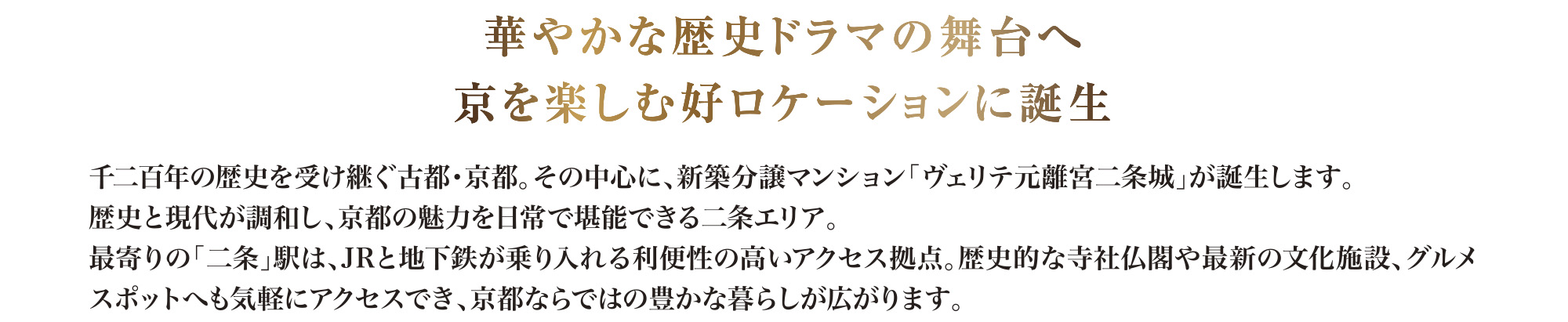 華やかな歴史ドラマの舞台へ京を楽しむ好ロケーションに誕生｜
			千二百年の歴史を受け継ぐ古都・京都。その中心に、新築分譲マンション「ヴェリテ元離宮二条城」が誕生します。
			歴史と現代が調和し、京都の魅力を日常で堪能できる二条エリア。
			最寄りの「二条」駅は、JRと地下鉄が乗り入れる利便性の高いアクセス拠点。歴史的な寺社仏閣や最新の文化施設、グルメ
			スポットへも気軽にアクセスでき、京都ならではの豊かな暮らしが広がります。