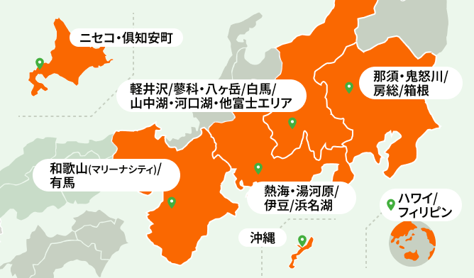 主要リゾート地の拠点マップ。ニセコ・倶知安町、軽井沢・蓼科・八ヶ岳・白馬・山中湖・河口湖・他富士エリア、那須・鬼怒川・房総・箱根、和歌山（マリーナシティ）・有馬、熱海・湯河原・伊豆・浜名湖、沖縄、ハワイ・フィリピン
